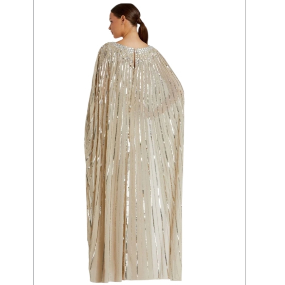 Mac Duggal Gown Sz 18, Cape, Lined, Champagne, Intricate Beading, Sequins NEW!! - Picture 3 of 13
